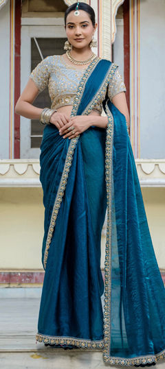 Blue color Saree in Semi Velvet fabric with Bugle Beads, Cut Dana, Thread work