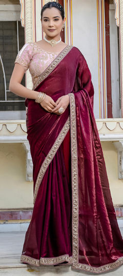 Red and Maroon color Saree in Semi Velvet fabric with Bugle Beads, Cut Dana, Thread work