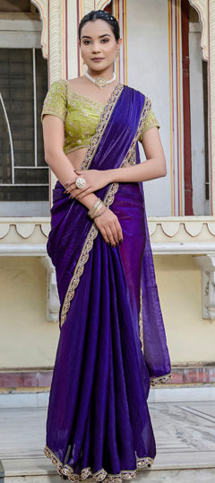 Purple and Violet color Saree in Semi Velvet fabric with Bugle Beads, Cut Dana, Thread work