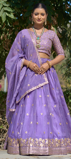 Purple and Violet color Lehenga in Chinon Silk fabric with Embroidered, Floral work