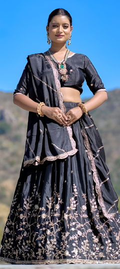 Black and Grey color Lehenga in Chinon Silk fabric with Embroidered, Thread, Zari work