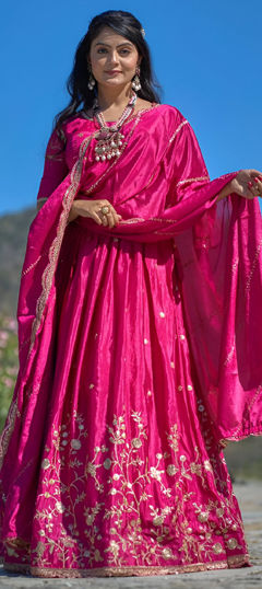 Pink and Majenta color Lehenga in Chinon Silk fabric with Embroidered, Thread, Zari work