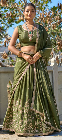 Red and Maroon color Lehenga in Chinon Silk fabric with Embroidered, Thread, Zari work