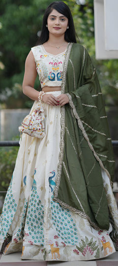 Green color Lehenga in Cotton fabric with Embroidered, Foil Print, Thread, Zari work
