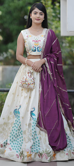 Purple and Violet color Lehenga in Cotton fabric with Embroidered, Foil Print, Thread, Zari work