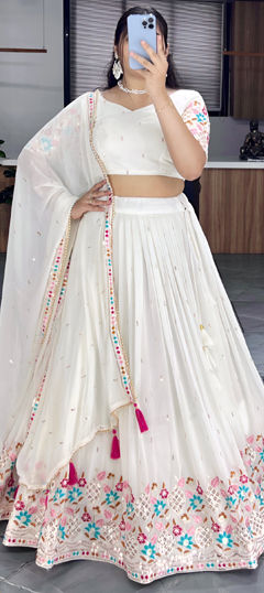 White and Off White color Lehenga in Georgette fabric with Embroidered, Sequence, Thread work