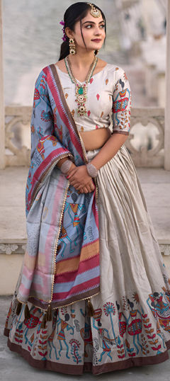 Beige and Brown color Lehenga in Silk fabric with Printed work