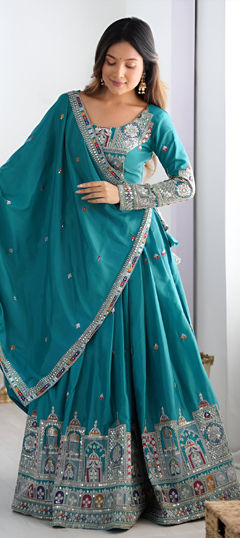 Blue color Lehenga in Crepe Silk fabric with Sequence, Thread work