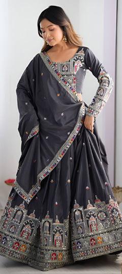 Black and Grey color Lehenga in Crepe Silk fabric with Sequence, Thread work
