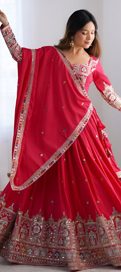 Red and Maroon color Lehenga in Crepe Silk fabric with Sequence, Thread work