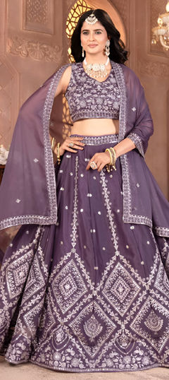 Purple and Violet color Lehenga in Georgette fabric with Embroidered, Sequence, Thread work