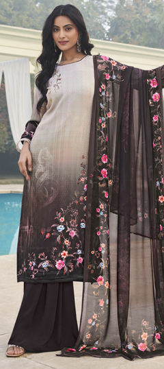 Black and Grey, White and Off White color Salwar Kameez in Crepe Silk fabric with Floral, Printed work