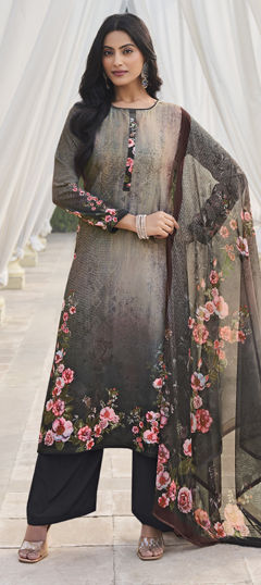 Black and Grey color Salwar Kameez in Crepe Silk fabric with Floral, Printed work