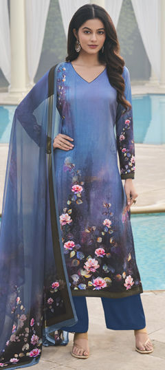 Blue color Salwar Kameez in Crepe Silk fabric with Floral, Printed work