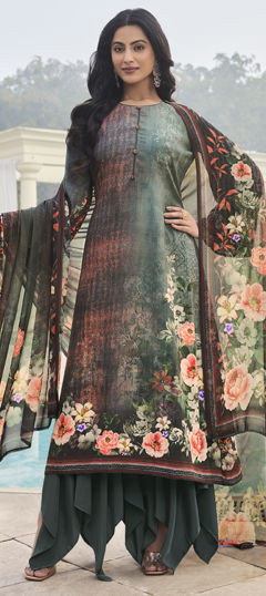 Green color Salwar Kameez in Crepe Silk fabric with Floral, Printed work