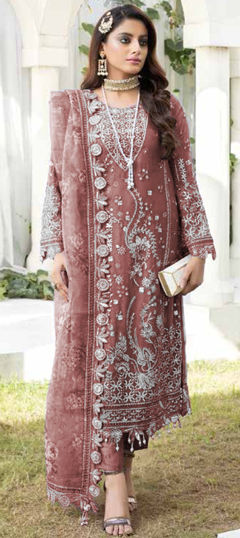 Beige and Brown color Salwar Kameez in Georgette fabric with Embroidered, Thread work