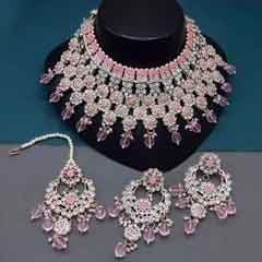 Gold Rodium Polish Pink and Majenta color Necklace in Metal Alloy studded with CZ Diamond, Kundan, Pearl