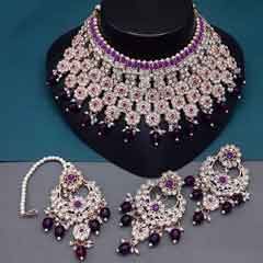 Gold Rodium Polish Purple and Violet color Necklace in Metal Alloy studded with CZ Diamond, Kundan, Pearl