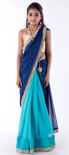 Blue color Kids Saree in Chiffon, Georgette, Raw Dupion Silk fabric with Border, Thread work : 200726