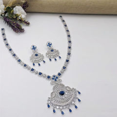 Silver Rodium Polish Blue color Necklace in Metal Alloy studded with Austrian diamond