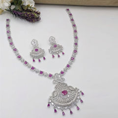 Silver Rodium Polish Pink and Majenta color Necklace in Metal Alloy studded with Austrian diamond