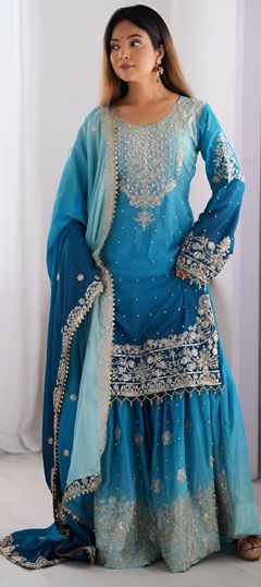 Blue color Salwar Kameez in Chinon Silk fabric with Moti, Sequence work