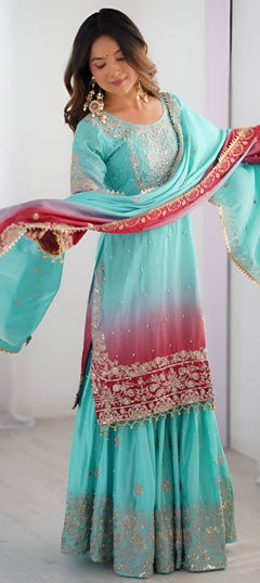 Blue color Salwar Kameez in Chinon Silk fabric with Moti, Sequence work