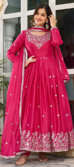 Pink and Majenta color Salwar Kameez in Silk fabric with Sequence, Thread work