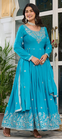 Blue color Salwar Kameez in Silk fabric with Sequence, Thread work