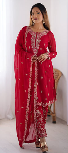 Pink and Majenta color Salwar Kameez in Faux Georgette fabric with Thread work