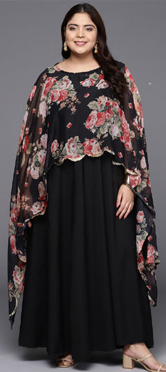 Black and Grey color Gown in Crepe Silk fabric with Floral, Printed work