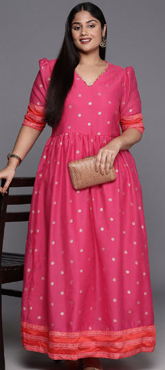 Pink and Majenta color Gown in Chanderi Silk fabric with Printed work