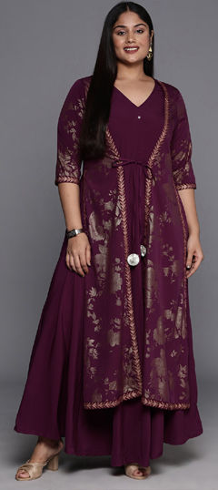 Purple and Violet color Gown in Crepe Silk fabric with Printed work