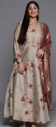 Beige and Brown color Gown in Chanderi Silk fabric with Floral, Printed work