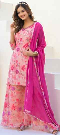 Pink and Majenta color Salwar Kameez in Georgette fabric with Cut Dana, Digital Print, Floral, Sequence work