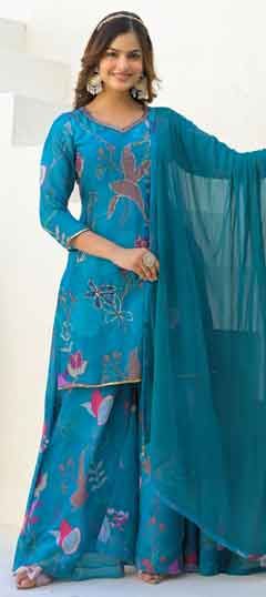 Blue color Salwar Kameez in Georgette fabric with Cut Dana, Digital Print, Floral, Sequence work