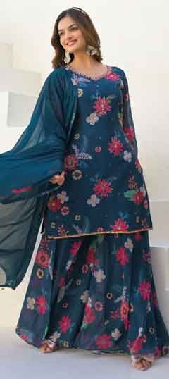 Blue color Salwar Kameez in Georgette fabric with Cut Dana, Digital Print, Floral, Sequence work