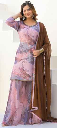Beige and Brown color Salwar Kameez in Georgette fabric with Cut Dana, Digital Print, Floral, Sequence work