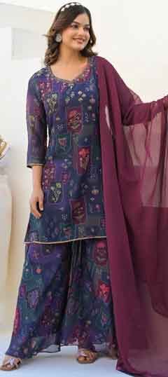 Purple and Violet color Salwar Kameez in Georgette fabric with Cut Dana, Digital Print, Floral, Sequence work
