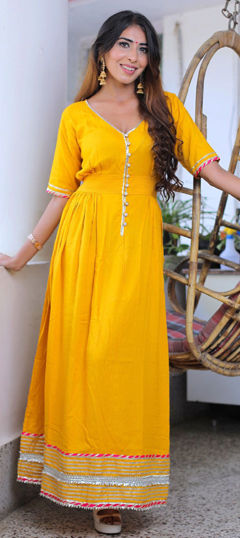 Yellow color Kurti in Rayon fabric with Gota Patti work