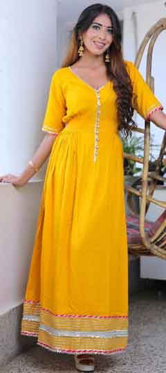 Yellow color Salwar Kameez in Rayon fabric with Gota Patti work