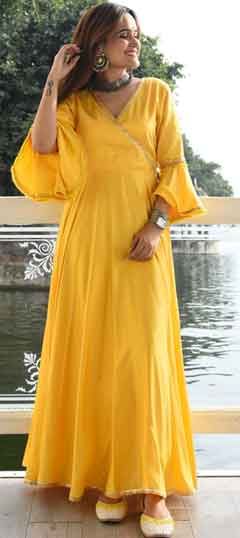 Yellow color Salwar Kameez in Rayon fabric with Gota Patti work