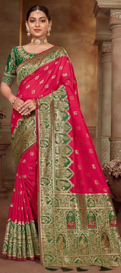 Pink and Majenta color Saree in Banarasi Silk fabric with Weaving work