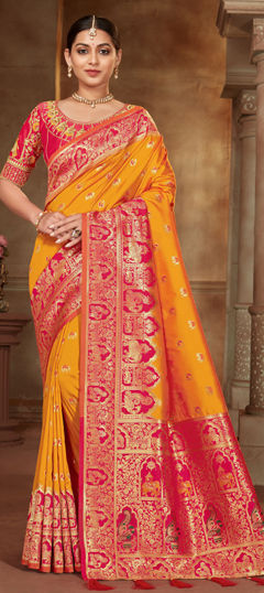 Yellow color Saree in Banarasi Silk fabric with Weaving work