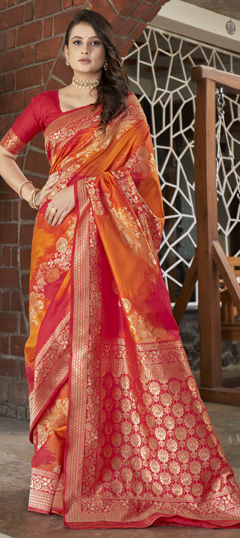Orange color Saree in Banarasi Silk fabric with Weaving work