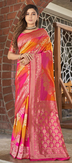 Pink and Majenta color Saree in Banarasi Silk fabric with Weaving work