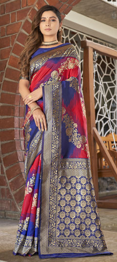 Red and Maroon color Saree in Banarasi Silk fabric with Weaving work