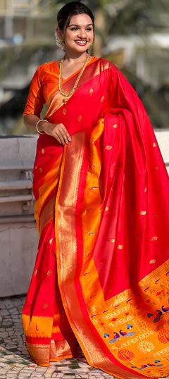 Red and Maroon color Saree in Art Silk fabric with Weaving, Zari work