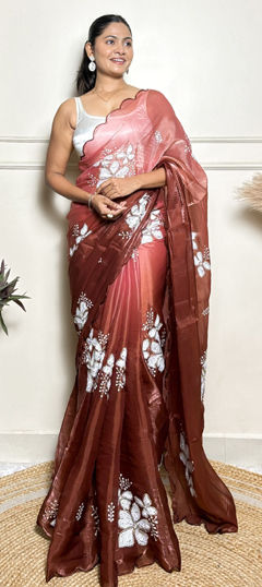 Beige and Brown color Saree in Chinon Silk fabric with Embroidered, Sequence, Thread work
