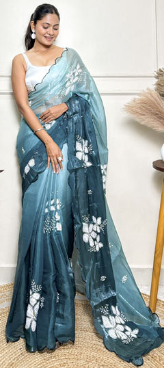 Green color Saree in Chinon Silk fabric with Embroidered, Sequence, Thread work